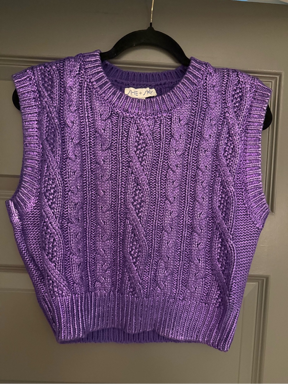 She + Sky Metallic Purple Cable Knit Sleeveless Sweater, LSU Clemson Game day - Picture 5 of 6